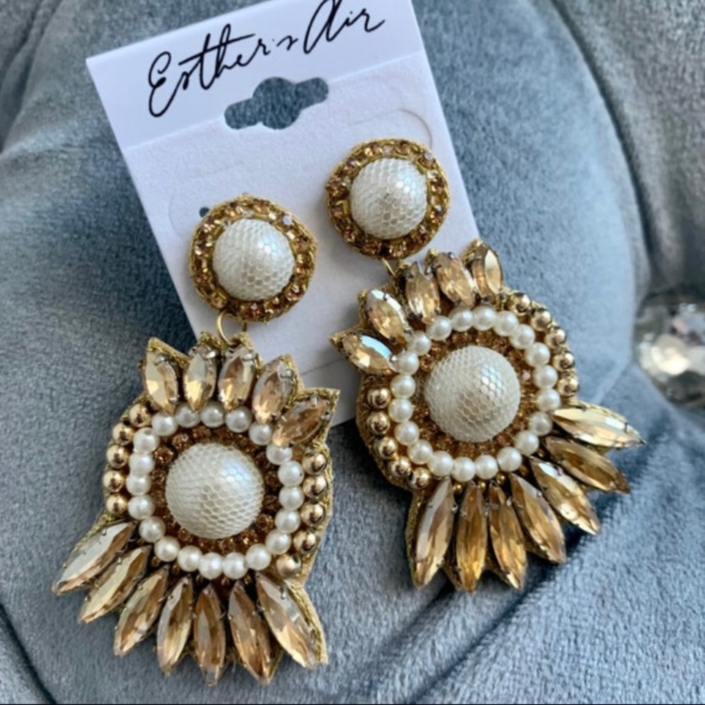 Gold Pearl Rhinestone Dangle Statement Earrings Boho jewelry